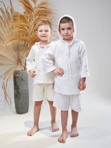 330-Б. Пляжная детская рубашка, белая, хлопок 100% муслин, размеры 86,92,98,104,110,116